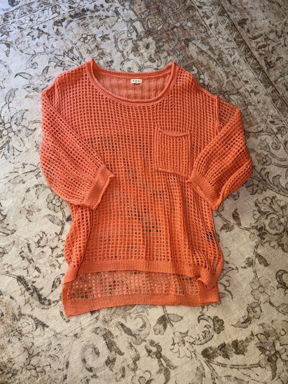 POL Open-Knit Scoop Neck Sweater in Bright Orange with Pocket